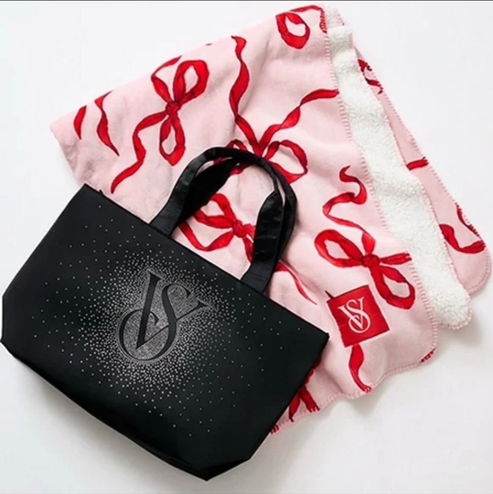Victoria's Secret NEW 2025 Holiday Shine Tote Bag & Cozy Bow Blanket Bundle